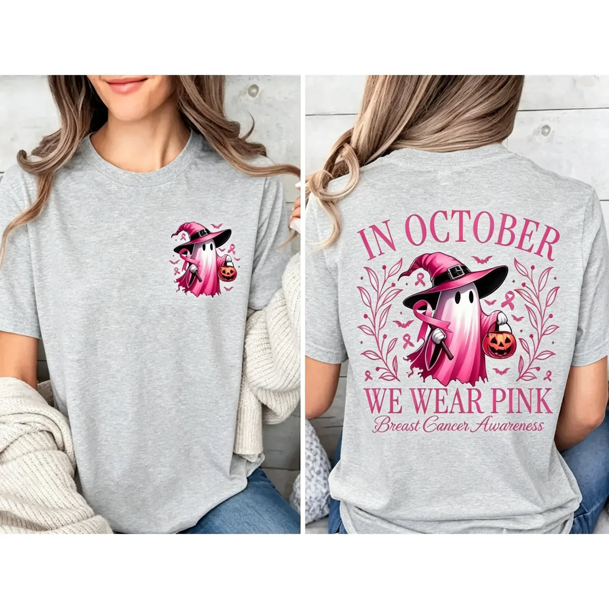 In October We Wear Pink Ghost Shirt, Halloween in October We Wear Pink, Breast Cancer Awareness Shirt, Pink Ribbon Shirt, Wear Pink Pumpkin PGS0018