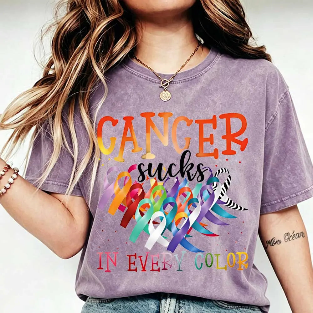 Cancer Sucks In Every Color Ribbon Awareness Print T Shirt Women Casual Short Sleeve Top