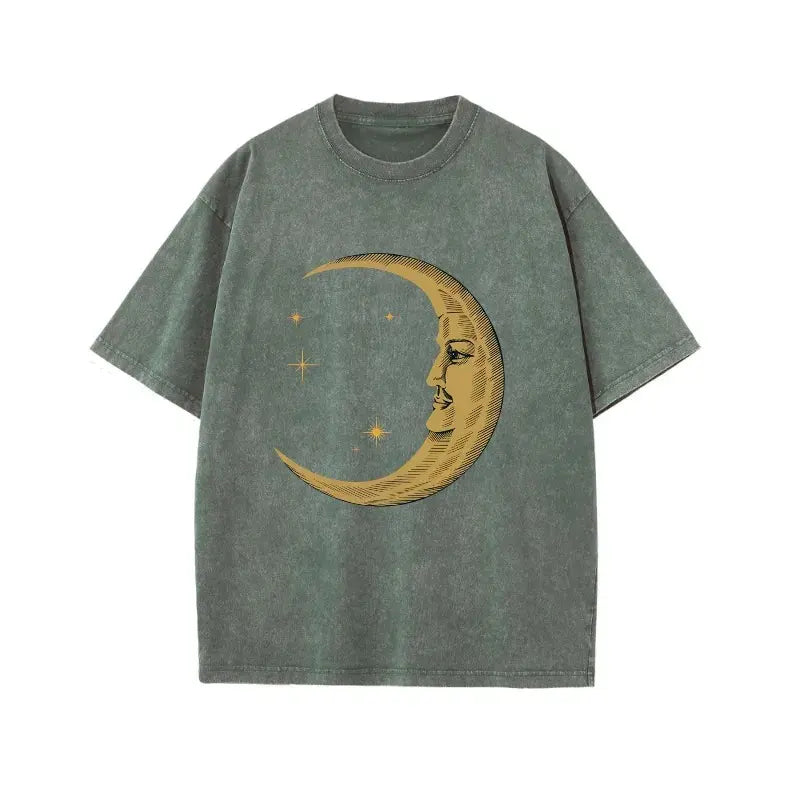 Unisex 230g Vintage Washed Moon & Star Graphic T-Shirt, Oversized Short Sleeve Crew Neck Casual Tee