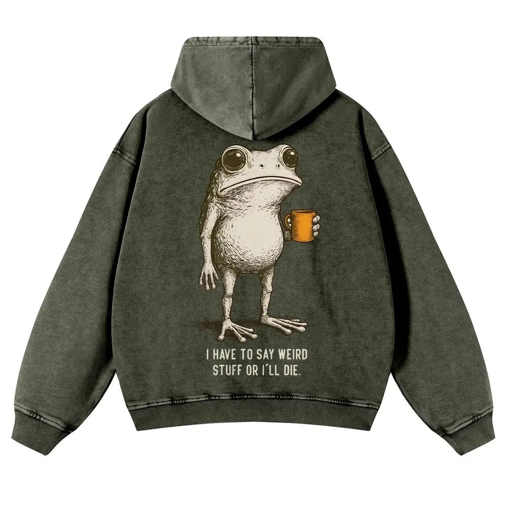 "I HAVE TO SAY WEIRD STUFF "Funny Frog Oversized Vintage Graphic T-Shirt, Retro Streetwear Casual Top in Soft Eco-Friendly Washed Stretch Cotton, Fabric