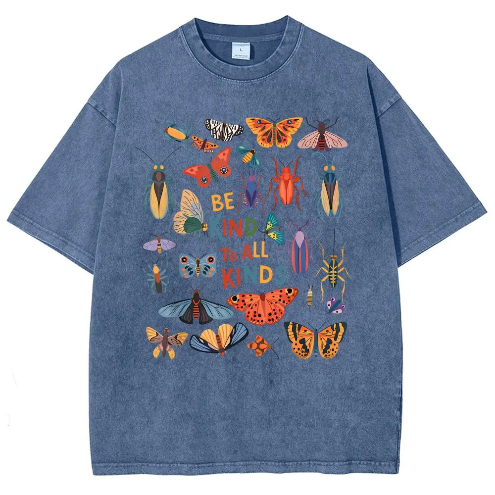 Men's Unisex Vintage 90s "Be Kind To All Kinds Insect Bugs" Graphic Top, Casual Fabric T-Shirt, Oversized Streetwear Vacation Outfit