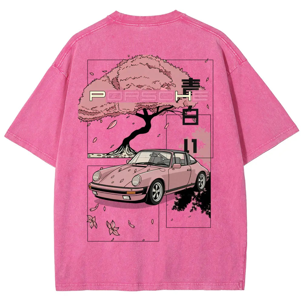 Cherry Blossom Japanese Aesthetic Classic Sports Car Vintage Washed Tee 90s Men's Graphic Tee t Shirts Funny Graphic Tee Good Graphic Tees Graphic Tees Streetwear Outfits Men Vacation Outfits Oversized Tshirt Men