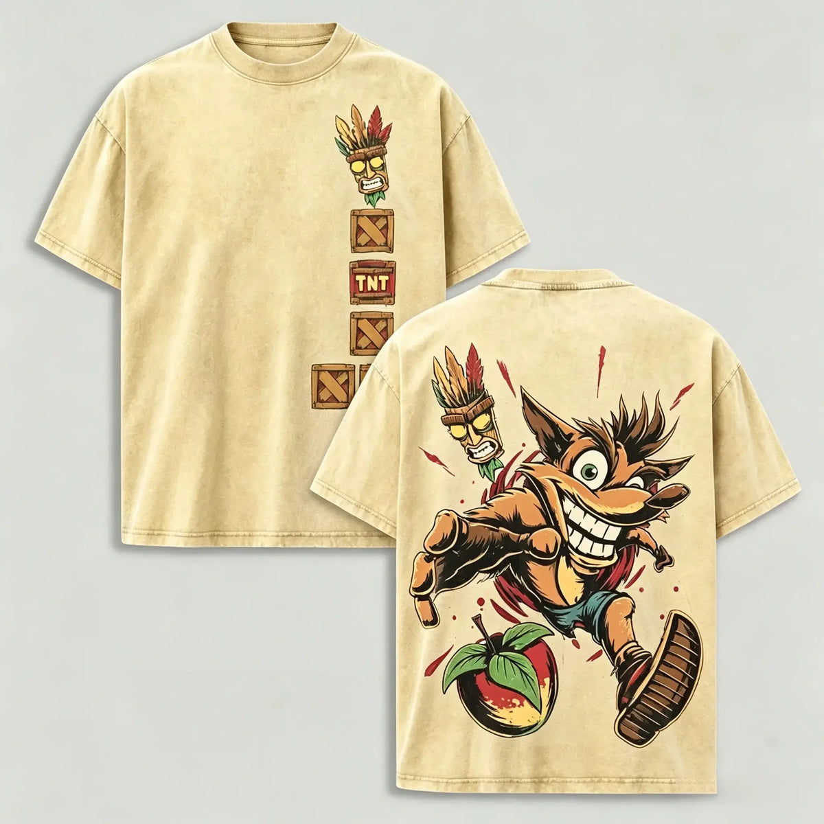 Men's Vintage 90s Crash Bandicoot Oversized Heavy Cotton Shortsleeve Tee - Aku Aku Mask Cartoon Print, Trendy Graphic Shirts, Retro Platform Game Streetwear, All Season Top for Gaming Fans