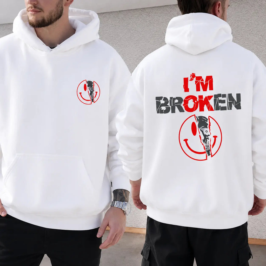 Unisex Cotton Graphic Round Neck Sweatshirt - 2-Sided 'I'm Broken' Smile Face Digital Print, Loose-Fitting T-Shirt, Long Sleeve Sporty Chic Garment, Customized All-Season Casual Streetwear, Machine Washable