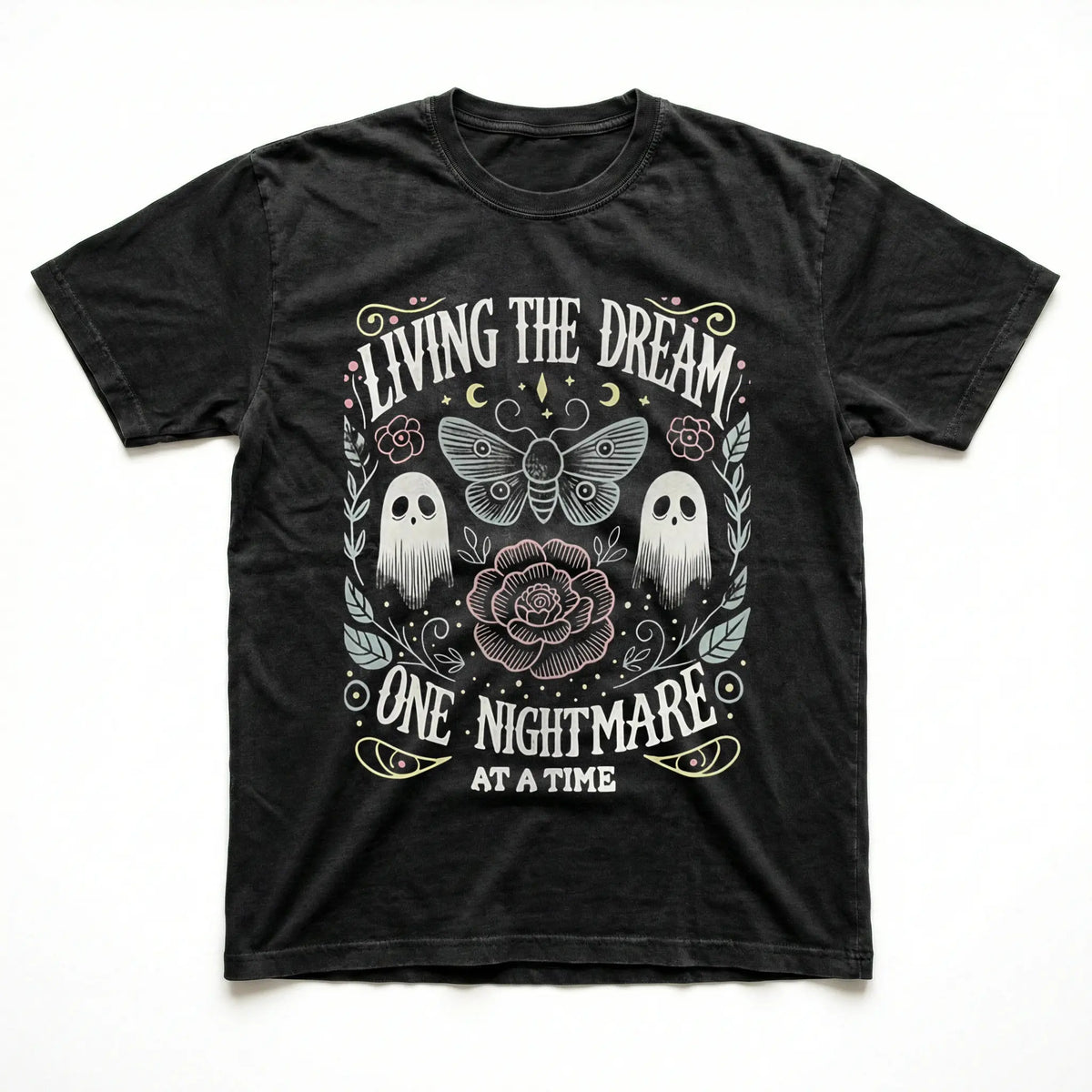 Women's Soft Fabric Vintage-Inspired Streetwear Short-Sleeve T-Shirt - "Living The Dream 1 Nightmare At A Time" Graphic, Loose Casual Chic Everyday Tee, Spring Glow Up, Outdoor Fun, Shortsleeve,summerwins,summeroutfits,vacationoutfits,beachoutfits summerv