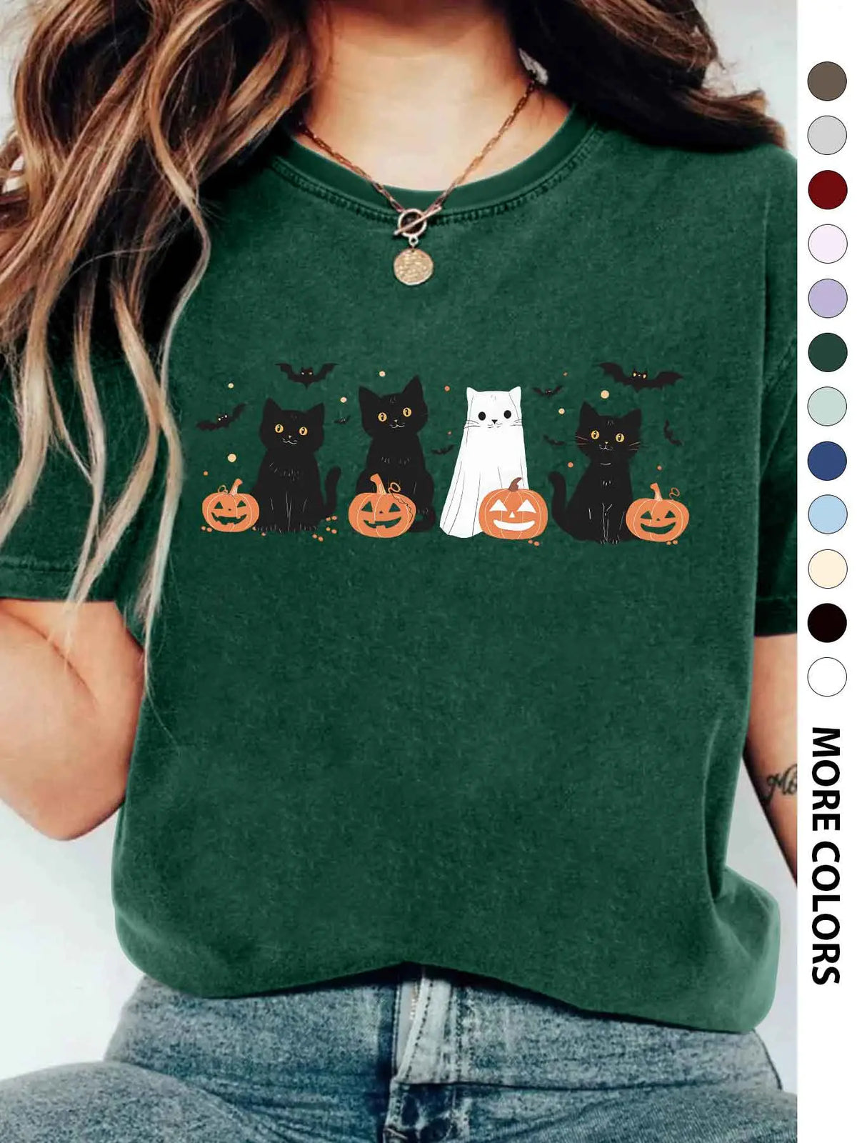 Women's Halloween Themed Cartoon Cat, Bat & Pumpkin Print Round Neck Tee, Cute Casual Fashion Fitted Drop Shoulder Short Sleeve T-shirt for Daily Wear, Ladies Clothes for All Seasons