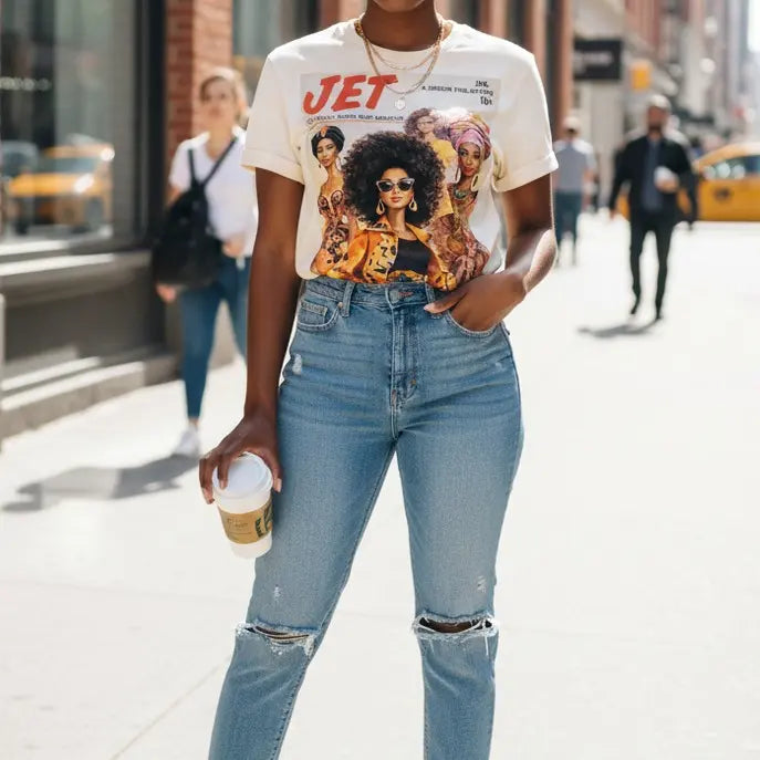 Women's Casual Short-Sleeve Cotton Fabric Fit Afrocentric Vintage Magazine Graphic T-Shirt - Glamour Fall Art Tee Gift