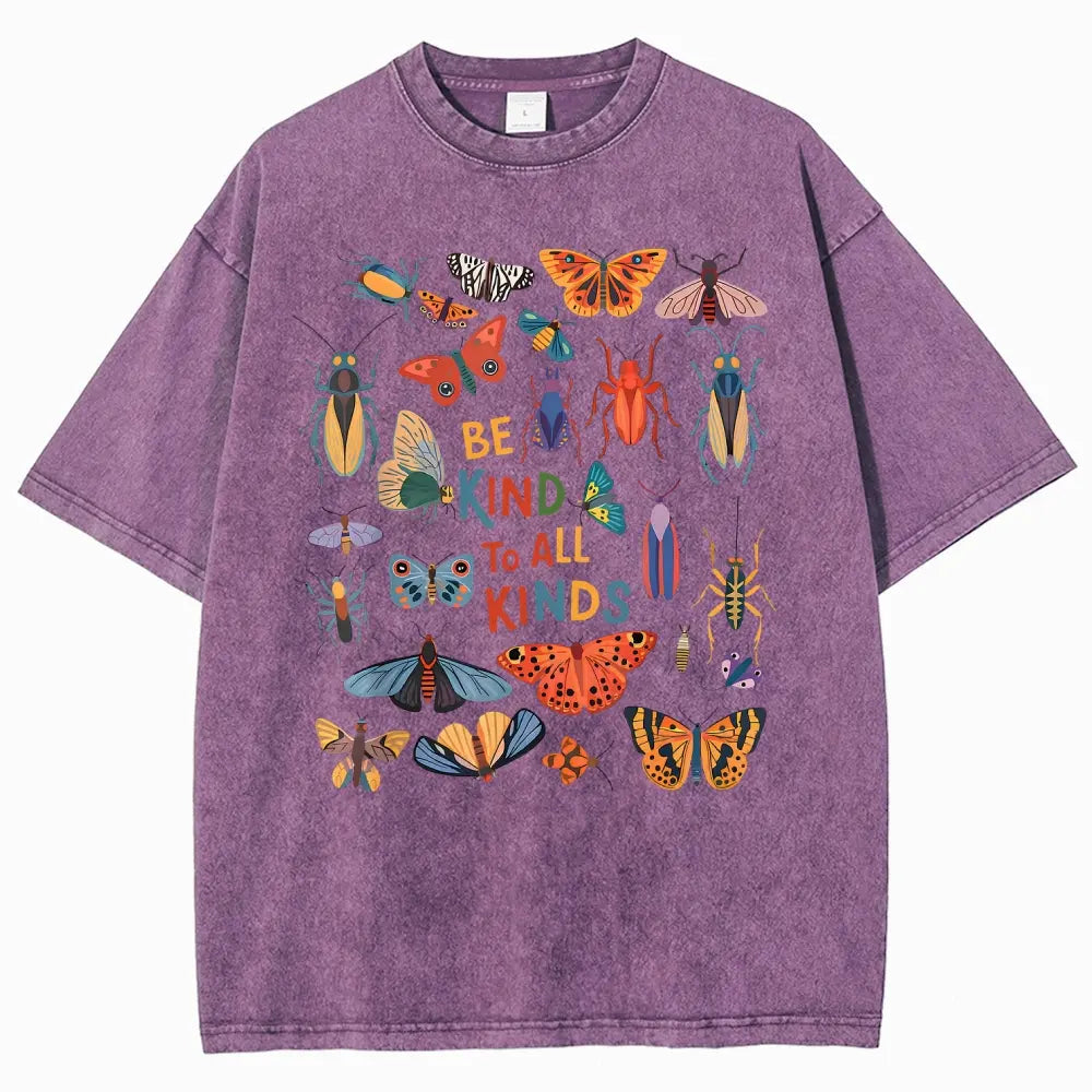 Men's Unisex Vintage 90s "Be Kind To All Kinds Insect Bugs" Graphic Top, Casual Fabric T-Shirt, Oversized Streetwear Vacation Outfit