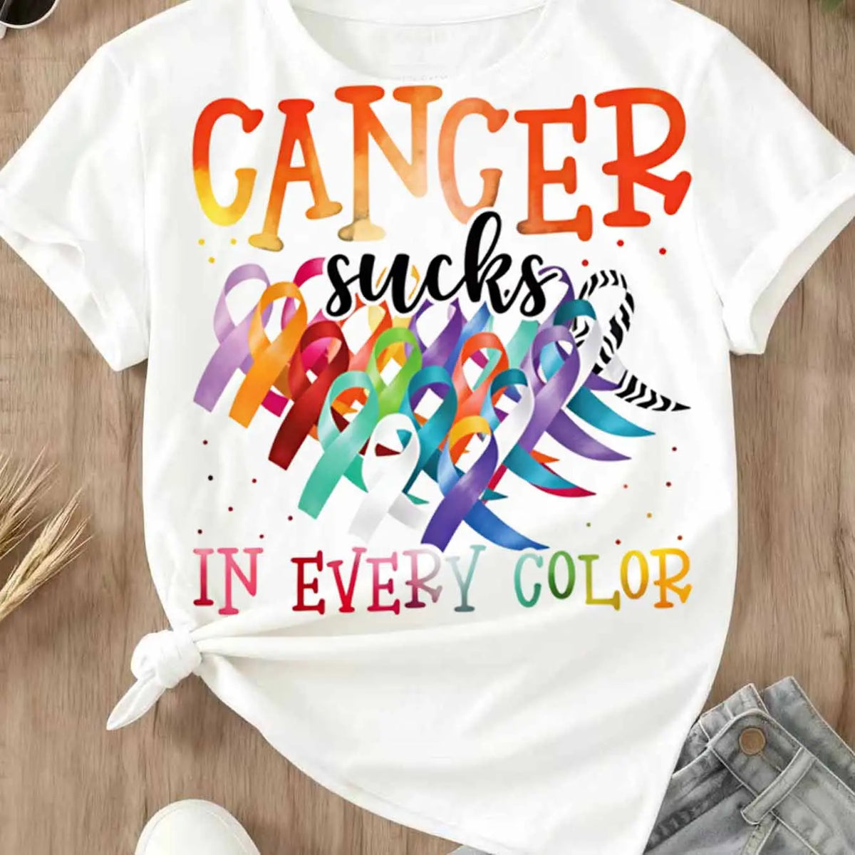 Cancer Sucks In Every Color Ribbon Awareness Print T Shirt Women Casual Short Sleeve Top