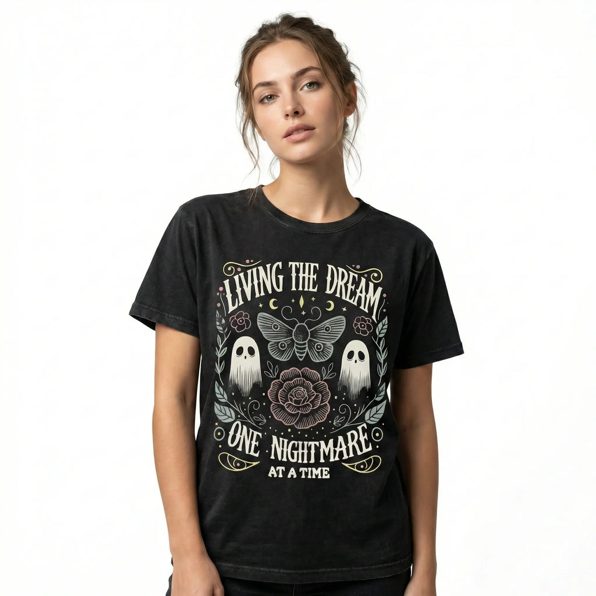 Women's Soft Fabric Vintage-Inspired Streetwear Short-Sleeve T-Shirt - "Living The Dream 1 Nightmare At A Time" Graphic, Loose Casual Chic Everyday Tee, Spring Glow Up, Outdoor Fun, Shortsleeve,summerwins,summeroutfits,vacationoutfits,beachoutfits summerv