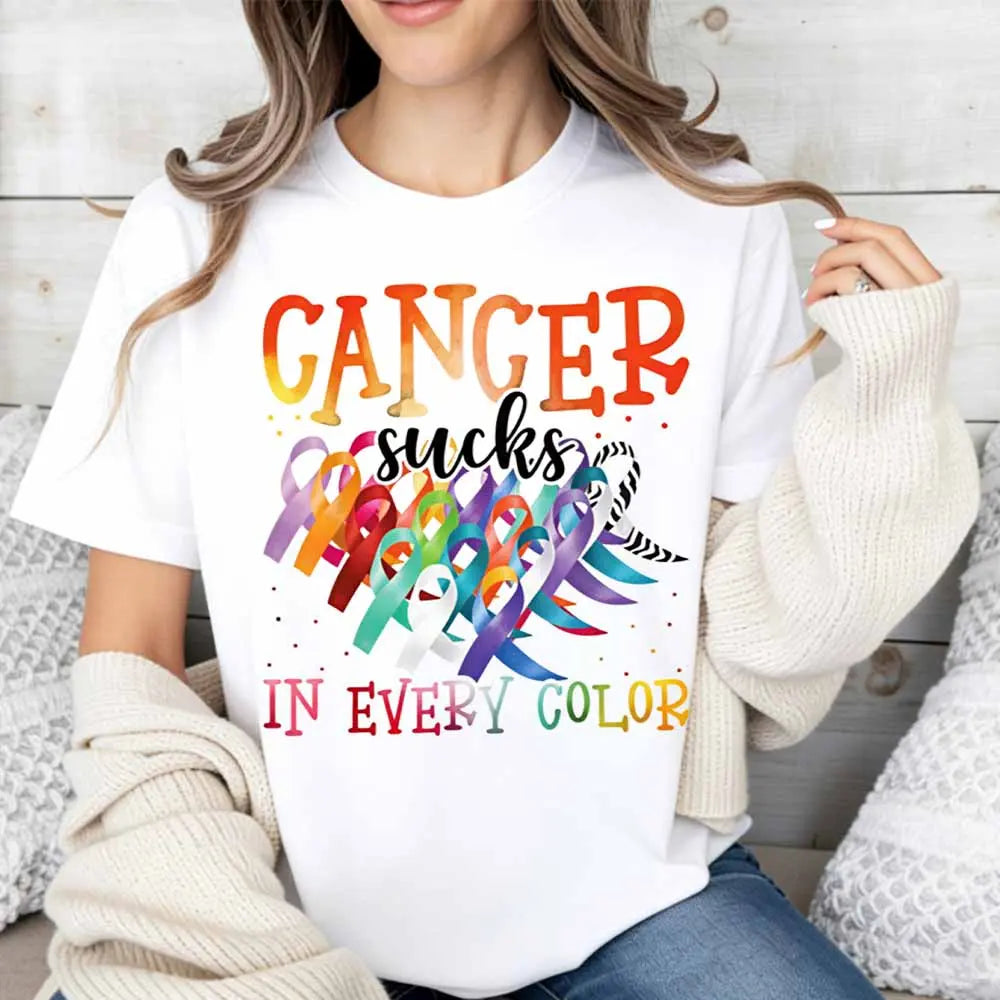 Cancer Sucks In Every Color Ribbon Awareness Print T Shirt Women Casual Short Sleeve Top