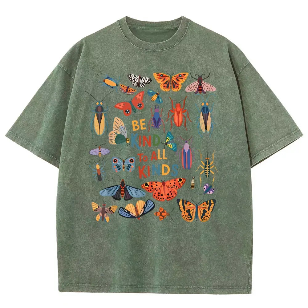Men's Unisex Vintage 90s "Be Kind To All Kinds Insect Bugs" Graphic Top, Casual Fabric T-Shirt, Oversized Streetwear Vacation Outfit